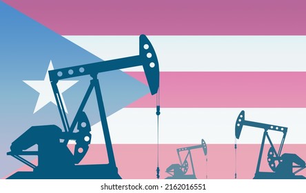 silhouette of the oil pump against flag of Puerto Rico. Extraction grade crude oil and gas. concept of oil fields and oil companies, hydrocarbon market, industry
