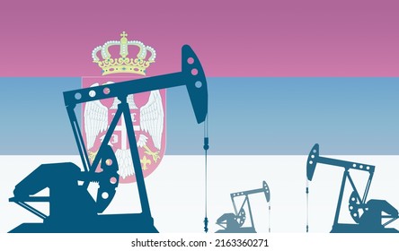 Silhouette Of The Oil Pump Against Flag Of Serbia. Extraction Grade Crude Oil And Gas. Concept Of Oil Fields And Oil Companies, Hydrocarbon Market, Industry