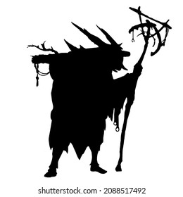 Silhouette of an old man's druid, he has a staff made of branches and amulets, he has a mask with horns. 2d illustration