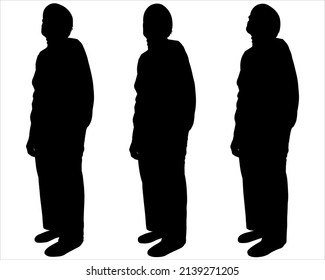 The Silhouette Of An Older Woman In Her 80s Is Standing Half Sideways, Without Moving. Elderly Women Stand In One Line. Women In Trousers And Blouse. Three Black Female Silhouettes Isolated On White.