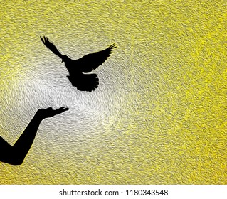 Silhouette Of One Hand Desire To Dove Fly On Sunset Time. Oil Painting