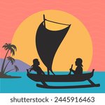 Silhouette of an outrigger voyaging canoe framed by leaning palm trees