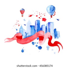 Silhouette Overlay City With Splashes Of Watercolor Drops Streaks Landmarks In Blue Tones With Red Ribbon And Balloons, Hand-drawn Painting