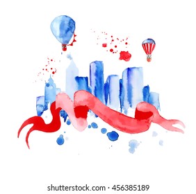 Silhouette Overlay City With Splashes Of Watercolor Drops Streaks Landmarks In Blue Tones With Red Ribbon And Balloons, Hand-drawn Painting