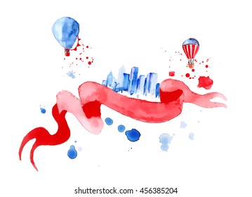 Silhouette Overlay City With Splashes Of Watercolor Drops Streaks Landmarks In Blue Tones With Red Ribbon And Balloons, Hand-drawn Painting