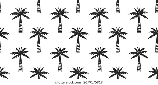 Silhouette palm tree pattern background. Hand drawn tropical palm tree pattern. Doodle coconut tree seamless pattern. Seamless patterns with palm trees.
