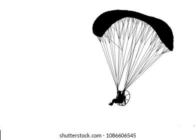 silhouette paraglider flying with paramotor  on white background.
