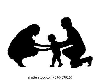 Silhouette of parents with little son first steps. Illustration symbol icon