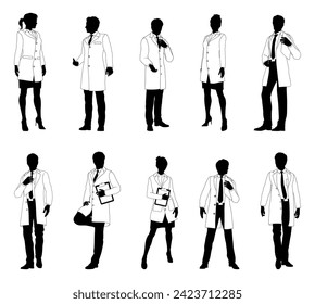 Silhouette people scientists, engineers professors set. Men and women in lab coats. Some holding clipboard checklists. Maybe chemists, science teachers or pharmacists doing experiments or surveying. - Powered by Shutterstock