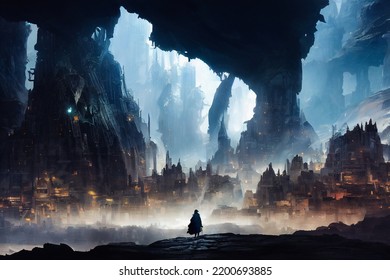 Silhouette of a person looking at a majestic dwarf city in the background, digital illustration - Powered by Shutterstock