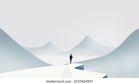 Silhouette of person standing on edge, facing abstract horizon. Themes of leadership, future planning, self-discovery, and motivational content in business or personal development contexts. - Powered by Shutterstock