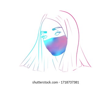 Silhouette Of Person, Woman Character Wearing  Colored Face Mask On White Background, Anti Pollution Or Anti Epidemic Virus