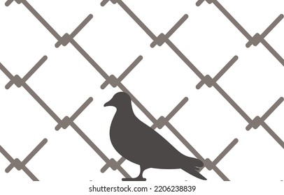 Silhouette pigeon in front iron bars  man prison bars isolated white background  illustration