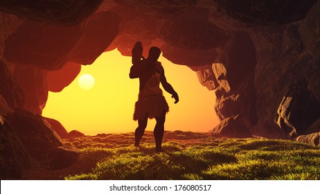 Silhouette of prehistoric man in the cave.