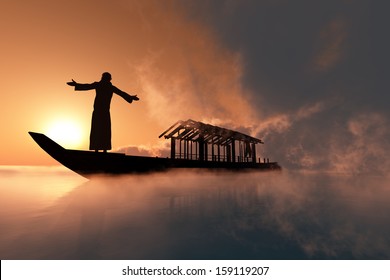 A Silhouette Of A Priest  In A Boat