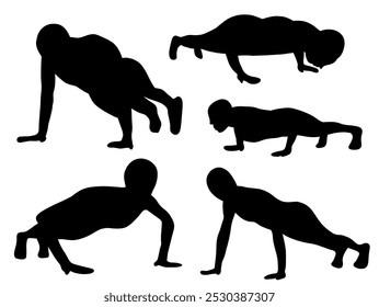 Silhouette push up position. Sport exercise workout silhouettes. Fit fitness people. Push upper core workout silhouettes. Set of Push Up Silhouette illustration. - Powered by Shutterstock