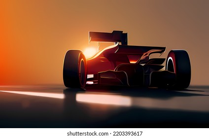 Silhouette Of A Race Car, Sports Automobile, Sun Rise Background. Digital Illustration, 3d Rendering, Mixed Media