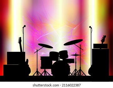 Silhouette Of A Rock Bands Equipment On Stage Set Over A Bright Background