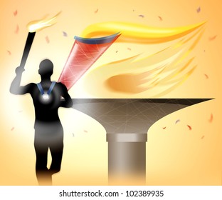 Silhouette  Of Running Man With Torch Illustration. Olympics Torch Flame In The Background.