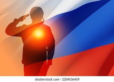 Silhouette Of Russian Soldier In Uniforms On Background Of The Russian Flag. Military Recruitment Concept. 3d Rendering.