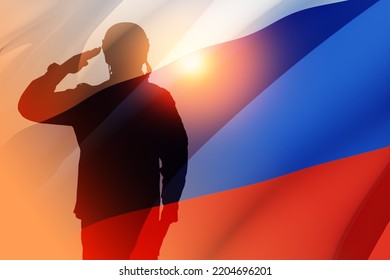 Silhouette Of Russian Soldier In Uniforms On Background Of The Russian Flag. Military Recruitment Concept. 3d Rendering.