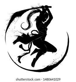 Silhouette of a samurai girl in a deadly jump with sword. 2D Illustration.