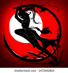 Silhouette of a samurai girl who attacks in a jump with a katana in her hands. 2D Illustration.
