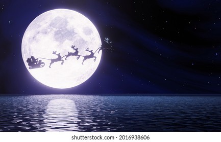 Silhouette Santa and Reindeer with flying in the dark sky with full moon and many stars. The concept for Christmas eve. Super moon is reflected in the sea. A wave the ocean to the island. 3D Rendering - Powered by Shutterstock