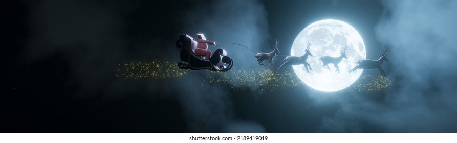 Silhouette Santa and Reindeer with golden magic sparkle flying in the dark sky with the full moon and many stars. The concept for Christmas eve. 3D rendering. - Powered by Shutterstock