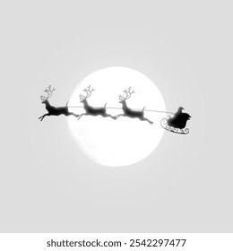 Silhouette of Santa's sleigh with reindeer flying across a full moon. Santa, sleigh, and reindeer create a magical, festive scene against the moonlit sky. Santa with reindeers, Christmas illustration. - Powered by Shutterstock