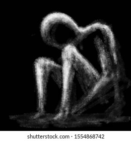 Silhouette seated man in dirty liquid 
Mummy in the dark  Black   white illustration in horror genre and coal   noise effect 