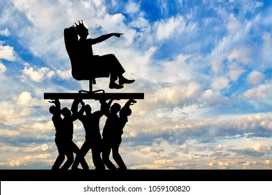 Silhouette of a selfish man with a crown on his head sitting in an armchair, indicates to people who carry him, where to move. The concept of selfish behavior towards other people