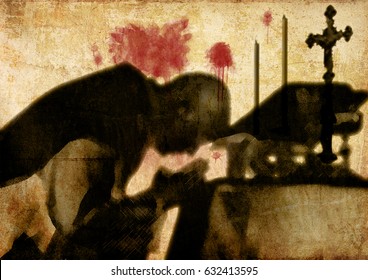 Silhouette Shadow Of A Priest Celebrating Mass, With Blood Stains On The Wall. Abstract Concept Of Martyrs, Persecuted Christians, Church And Clergy.