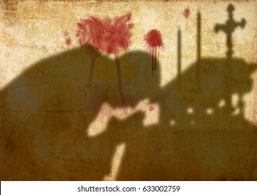 Silhouette Shadow Of A Priest Celebrating Mass, With Blood Stains On The Wall. Abstract Concept Of Martyrs, Persecuted Christians, Church And Clergy.