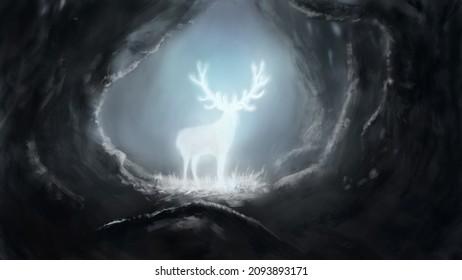 Silhouette shining snow  white deer in dark dense forest  digital art style  illustration painting