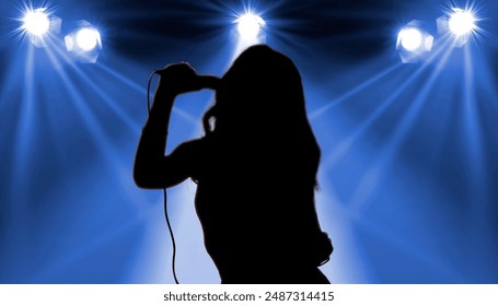 Silhouette of singer on stage in spotlights. Banner design - Powered by Shutterstock