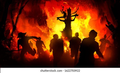 The silhouette of a sinister crucified witch with long hair and ragged clothes, surrounded by a powerful fire, frightened peasants run away from her, against the background of a burning city.  2D.