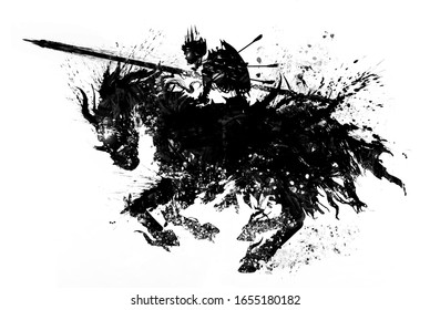 The silhouette of  sinister skeleton knight in a Royal crown, with a shield on his back and lance in front, riding a demonic horse rushing into battle. The drawing consists of blotches and smears. 2D