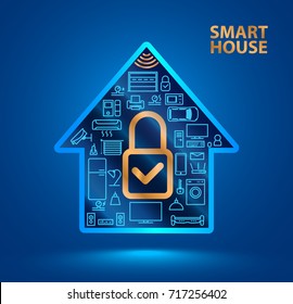 Silhouette Smart Home With Icons Of Household Appliances. A Gold Closed Lock Icon. The Internet Of Things. Iot. Security System.