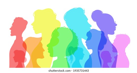 Silhouette Social Diversity. People Of Diverse Culture. Men And Women Group Profile. Racial Equality In Multicultural Society  Concept