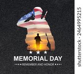 Silhouette of soldier with USA flag. Greeting card for Veterans Day, Memorial Day, Independence Day