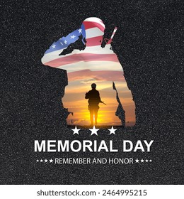 Silhouette of soldier with USA flag. Greeting card for Veterans Day, Memorial Day, Independence Day - Powered by Shutterstock