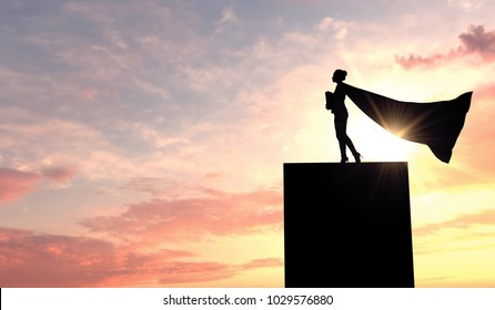 Silhouette Of A Superhero Business Woman Wearing A Cape Against A Bright Sky. 3D Rendering