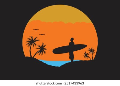 Silhouette of a surfer carrying his board on beautiful sunsets at beach. Surfing on sunset flat design. - Powered by Shutterstock