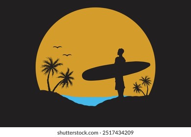 Silhouette of a surfer carrying his board on beautiful sunsets at beach. Surfing on sunset flat design. - Powered by Shutterstock