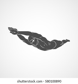 Silhouette a swimmer dives into the water on a white background. Photo illustration.