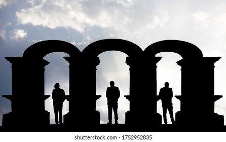 Silhouette of a team of security officer under an archway for the concept of guardian of the gateway. 