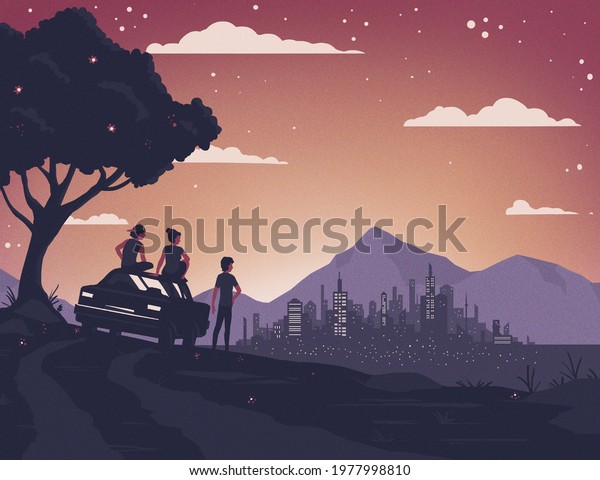Silhouette of three persons and a car in a landscape\
with mountains and a\
city