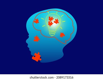 Silhouette a toddler child's head with brain, jigsaw puzzles with bright light bulb inside the head. Growth up idea and brain development in children concept. - Powered by Shutterstock