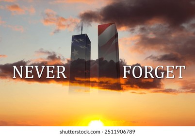 Silhouette of Towers and USA flag against the sunset. Patriot Day banner. 9.11.2001. Never Forget - Powered by Shutterstock